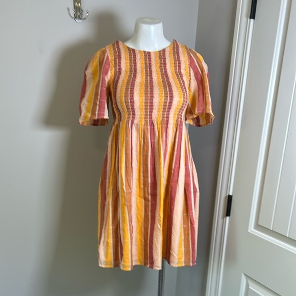 Sezane Magda Mini Dress Cotton Orange Pinstripe Smocked Metallic Sz 36 US S - Picture 7 of 16
